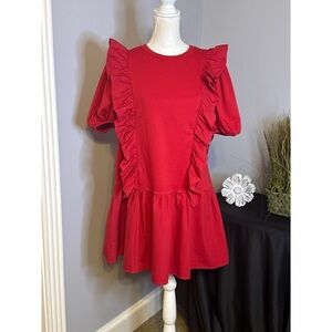 English Factory Red Ruffle Puff Sleeve Drop Waist Mini Dress Size M